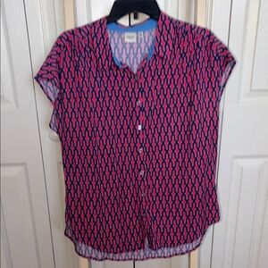 Rafaella Pink and Navy Geo-Print Button Down Blouse